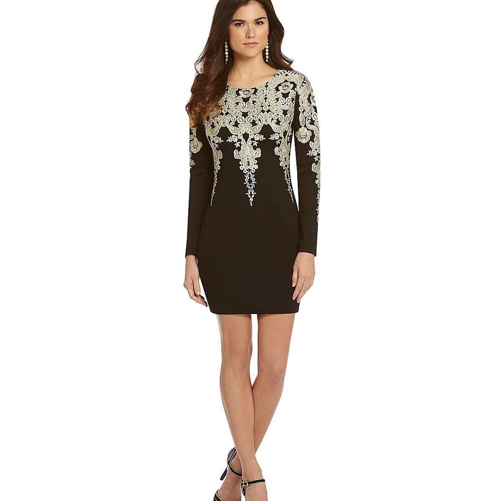 Gianni Bini Little Black Dress Long Sleeve Stretch Sheath Gold Embroidered Sz sm